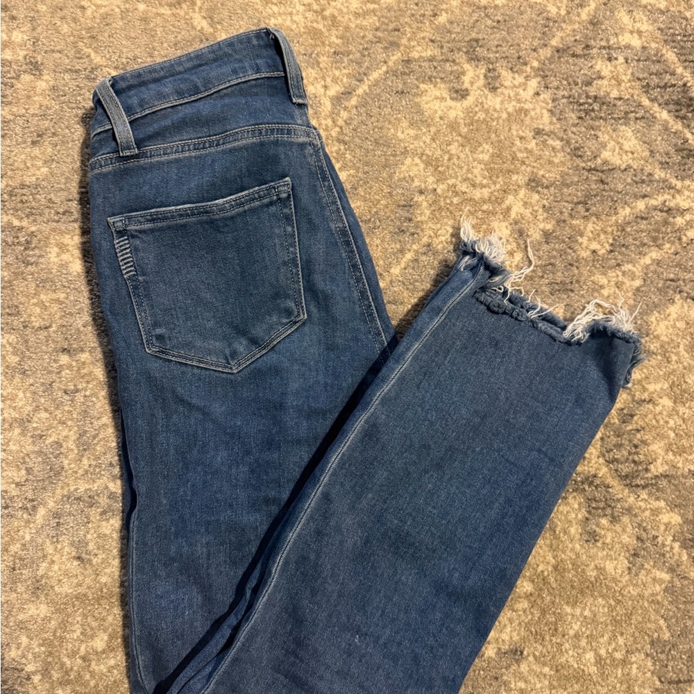 PAIGE Distressed Ankle Jeans in Dark Blue